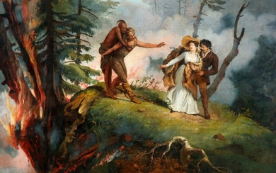 John Mix Stanley, style of: Escaping the forest fire. Unsigned. Oil on canvas laid on panel. 58×78 cm.