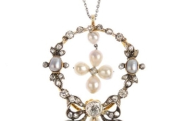 A late 19th century pearl and diamond pendant. The