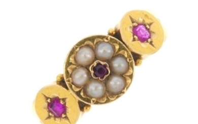 A mid Victorian 18ct gold ruby and seed pearl ring.