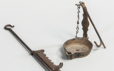 Miniature Brass and Iron Trammel and a Miniature Brass Cruisie Lamp