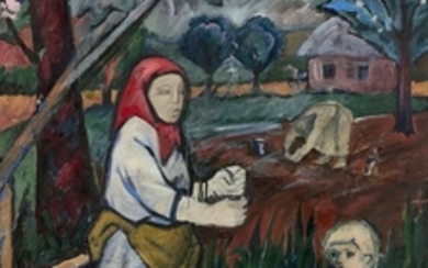 Natalia GONTCHAROVA 1881 - 1962 Paysanne et enfant au puits (étude) - Circa 1910