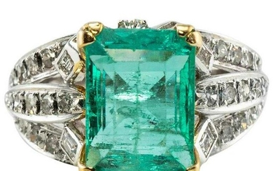 Natural Colombian Emerald Diamond Ring 18K White Gold