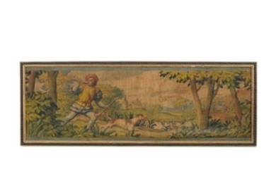 A painted fabric panel in the manner of Flemish 17th century work, early 20th century