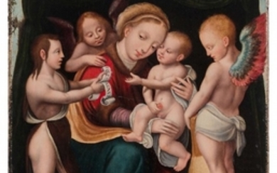 Pays-Bas ou Espagne, première partie du XVIe siècle La Vierge à l'Enfant avec saint Jean-Baptiste enfant et deux anges