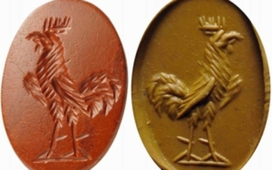 Roman red jasper intaglio. Rooster. The animal is setting itself...