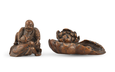 A SMALL BAMBOO CARVING OF WRESTLERS AND A 'FROG AND LOTUS' CARVING, THE WRESTLERS, 18TH CENTURY THE 'FROG AND LOTUS' CARVING, 17TH - 18TH CENTURY