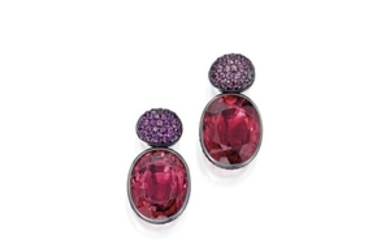 Pair of Tourmaline, Ruby and Sapphire Earclips, Hemmerle