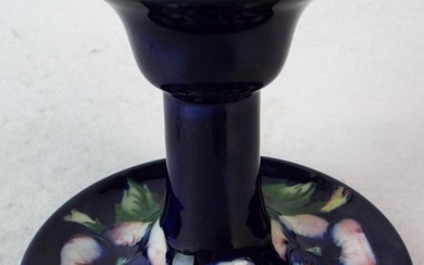 Vintage Moorcroft single candlestic in the Viola patter. Cobalt background. 4.5 inches tall. Perfect condition.