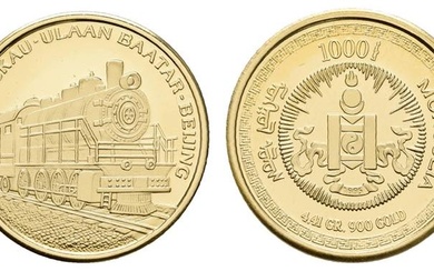 1000 Tugrik, Gold, 1995, Transsibirische Eisenbahn, in Kapsel, PP.