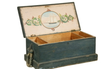19TH C. MAINE SEA CHEST WITH SCHOONER PAINTING INSIDE