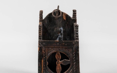 Carved Oak Hanging Wall Box, 18th century, arched back, four carved finials, openwork front, iron hanging ring, ht. 9 3/4, wd. 5 1/8, d