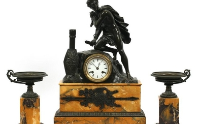 FRENCH BRONZE & MARBLE MANTEL CLOCK SET, 19TH.C.