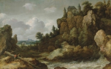 Allart van Everdingen (Alkmaar 1621-1675 Amsterdam), An extensive landscape with a waterfall, with a hilltop castle and a village beyond