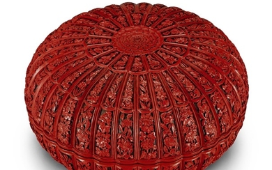 A WELL CARVED CINNABAR LACQUER 'CHRYSANTHEMUM' BOX AND COVER QING DYNASTY, QIANLONG PERIOD | 清乾隆 剔紅花卉紋菊瓣式蓋盒