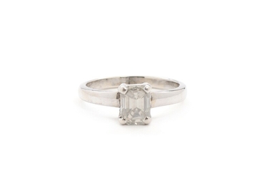 Diamond ring set with an emerald-cut diamond weighing app. 1.36 ct., mounted in 14k white gold. Colour: Cape (N). Clarity: VS2. Size 55. Weight app. 3 g.