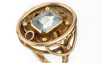 14 kt gold aquamarine-ring , YG 585/000, 1950s, hand-made, oval...