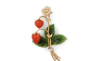 14K Gold, Nephrite, Coral, Rock Crystal, and Diamond Brooch