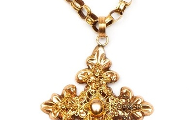 14krt. Gouden jasseron collier, waaraan een kruishanger, 19e eeuw