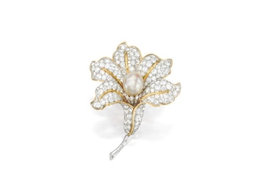 Diamond and Cultured Pearl Clip Brooch, Harry Winston