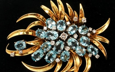 18K Gold Diamonds & Aquamarines Brooch