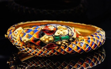 18K Yellow Gold and Multi-Colored Enamel Snake Bangle