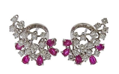 18k Gold Diamond Ruby Cluster Earrings