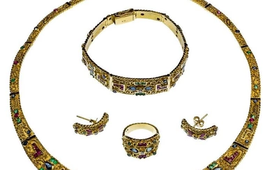 18k Yellow Gold, Emerald, Ruby, Sapphire and Diamond Jewelry Suite