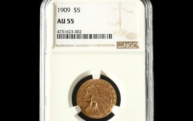 1909 $5 Gold Indian Head Half Eagle, NGC AU55