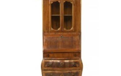 1927/10 - A Danish Rococo style walnut and giltwood corner secretary with upper part. Possibly non-mating parts. Ca. 1880. H. 210 cm. W. 80 cm. D. 50 cm.