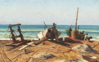 1927/110 - Carl Milton Jensen: A fisherman by his boats on the beach. Signed and dated C. Milton Jensen 1914. Oil on canvas. 39 x 56 cm.