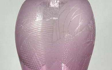 1950s Modernist Pink Etched Glass Vase Signed