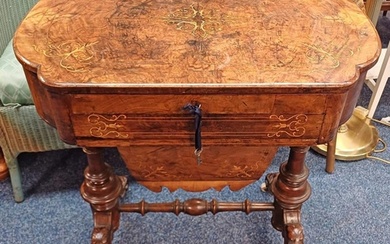 19TH CENTURY INLAID BURR WALNUT SEWING TABLE WITH FLIP-UP TO...