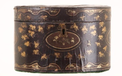 (19th c) BLACK LACQUER OVAL TEA CADDIE. - Decorated...