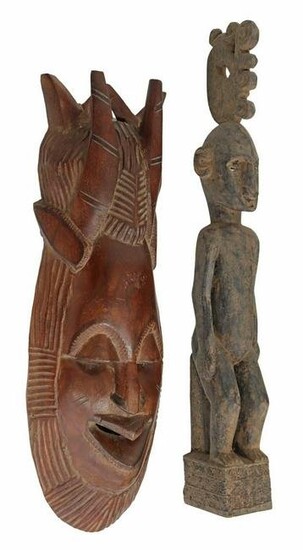 (2) AFRICAN CARVED WOOD MASK & FIGURAL STATUE