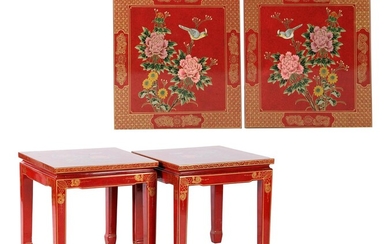(-), 2 Chinese lacquered tables with painted decor...