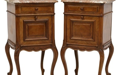 (2) FRENCH LOUIS XV STYLE MARBLE-TOP WALNUT BEDSIDE CABINETS