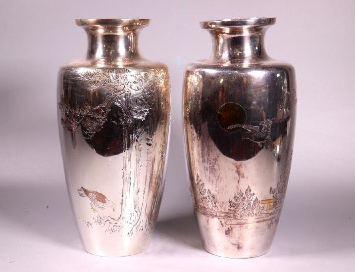 2 Japanese Sterling Silver & Gold Vases