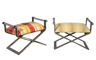 2 Mid-Century Modern Paul Evans Style X Benches, Lucite Armrests, Chrome Accents