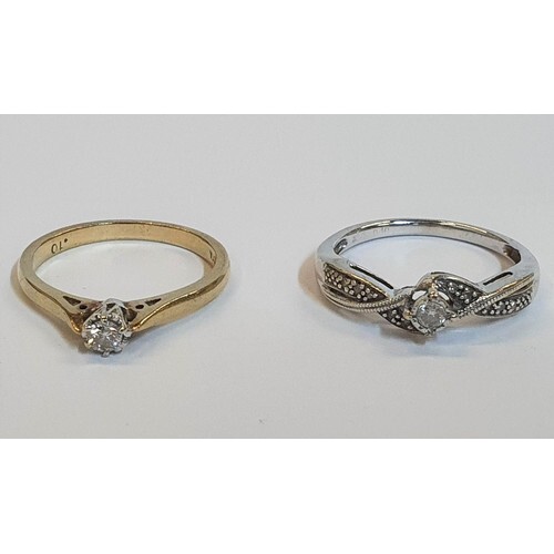2 x 9ct Solitaire rings, one yellow gold and Diamond (0.1ct)...