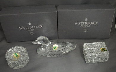 3 PC WATERFORD CRYSTAL DUCK & TRINKETS