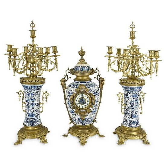 (3 pc) Delft-style Ceramic And Brass Clock With