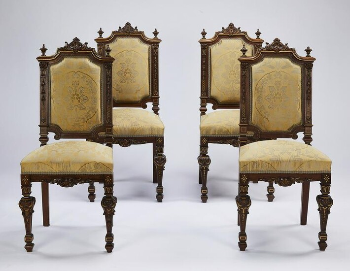 (4) 19th c. parcel gilt walnut side chairs in silk