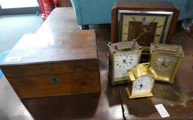 4 various clocks including 3 small metal carriage clocks and...