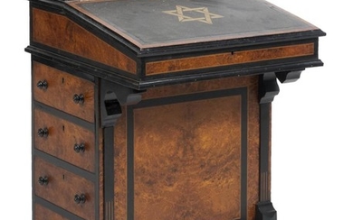 ENGLISH DAVENPORT DESK In burled walnut veneer. Leather-covered writing slant with gilt Star of David. Interior fitted with letter c...