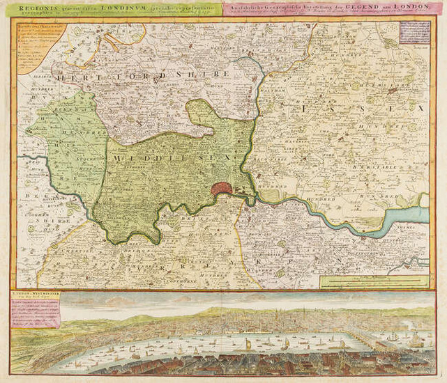 London.- Homann Heirs. Regionis quae est circa Londinum ... / Ausfuhrliche Geographische Vorstellung der Gegend um London ..., 1741.