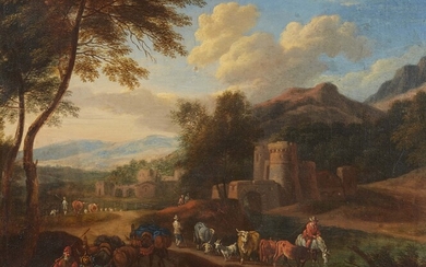 Adriaen Fransz. Boudewijns Pieter Bout - Landscape with a Fortress, Shepherds, and Merchants
