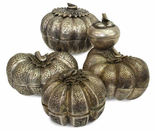 (5) CHINESE SILVER PUMPKIN-FORM COVERED BOXES