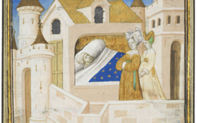 THE LADY OF MALOHAUT AND HER COUSIN VISIT LANCELOT IN PRISON, WOUNDED AFTER HIS BATTLE WITH KING 'PREMIER CONQUIS', miniature cut from the Livre du Lancelot del Lac, in French, illuminated manuscript on vellum [Paris, c.1440]