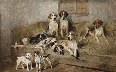 JOHN EMMS (BRITISH, 1841-1912), Hounds and Terriers in a Stable