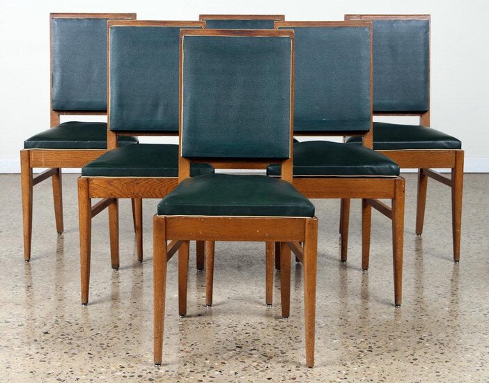 6 FRENCH GREEN UPHOLSTERED OAK DINING CHAIRS 1940